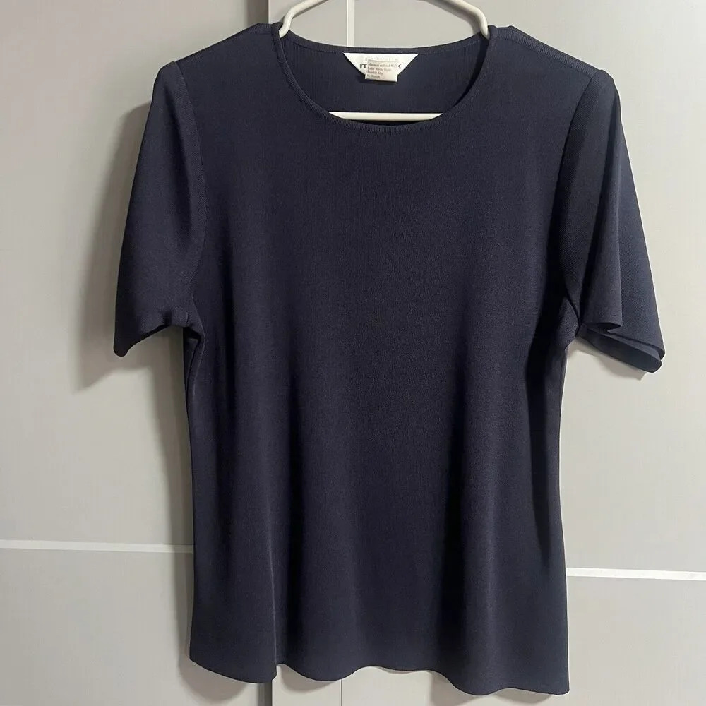 Exclusively Misook Women’s Short Sleeve Knit T-Shirt Dark Blue Career Wear Small